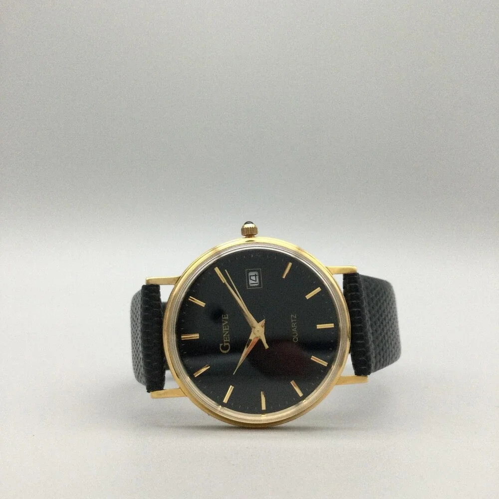Vintage Geneve Mens Watch 33mm Black Dial Date 14K Gold Leather New Battery